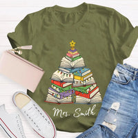 Personalized Holiday Shirt, Custom Christmas Trees and Books T-Shirt, Comfy Book Lover Xmas Graphic Tee, Custom Name Christmas Present Tee