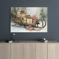 Snowy Forest Holiday Wall Art, Vintage Christmas Sleigh Canvas Print, Festive Winter Sleigh Canvas, Christmas Presents Wall Decor