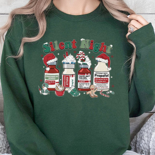Humorous Medical Vials Holiday Crewneck, Silent Night Christmas Sweatshirt, RN ICU Doctor Nurse Xmas Pullover, Medical Sweate