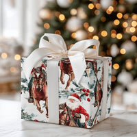 Watercolor Evergreen Christmas Gift Wrap, Equestrian Santa on Brown Horse Wrapping Paper, Rustic Holiday Paper, Festive Wrapping Paper Roll