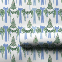 Watercolor Blue Bows Green Garland Gift Wrap, Christmas Wrapping Paper, Elegant Holiday Present Paper, Festive Christmas Wrapping Paper Roll