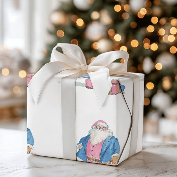 Pink Suit Santa Claus Wrapping Paper, Travel Santa Wrapping Paper, Whimsical Watercolor Holiday Gift Wrap, Christmas Present 