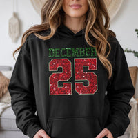 Red Glitter Holiday Date Hooded Sweatshirt, December 25 Christmas Hoodie, Festive Xmas Day Graphic Pullover, Winter Holiday Comfy Sweater