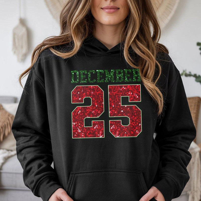 Red Glitter Holiday Date Hooded Sweatshirt, December 25 Christmas Hoodie, Festive Xmas Day Graphic Pullover, Winter Holiday Comfy Sweater