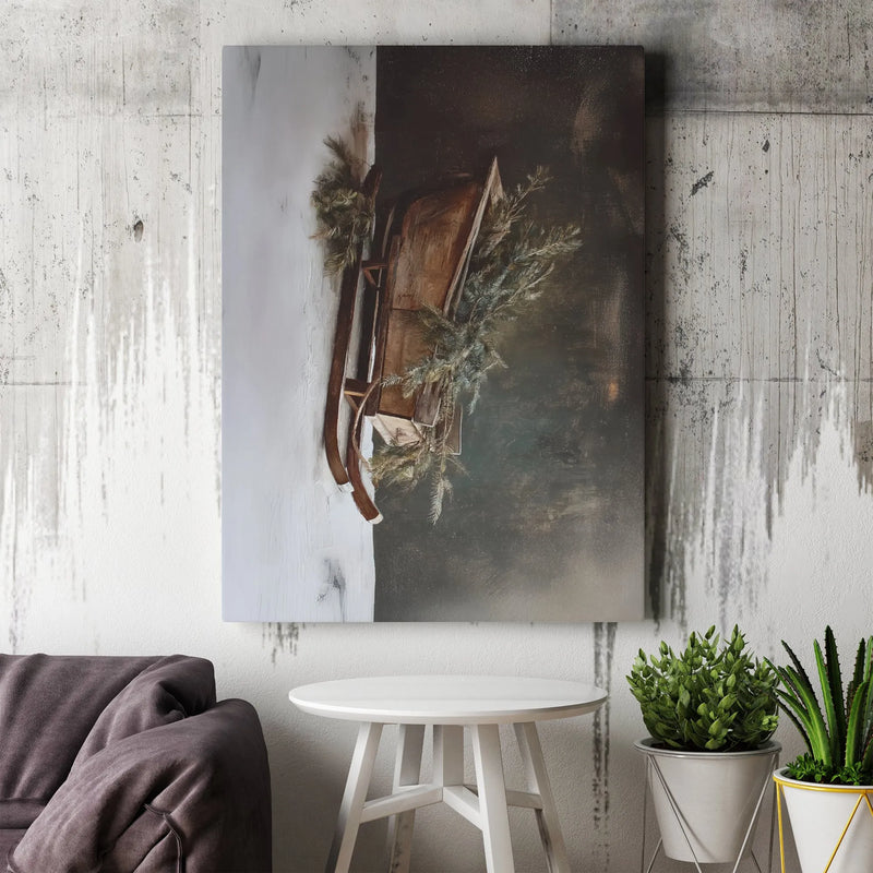 Rustic Pine Branch Winter Poster, Vintage Wooden Sled Canvas Art, Farmhouse Christmas Canvas Wall Art, Printable Digital Download