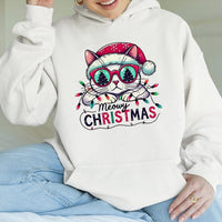 Santa Hat Cat Holiday Hoodie, Meowy Christmas Hoodie, Adorable Festive Kitten Hoodie, Humorous Cat Lover Xmas Graphic Hooded Sweatshirt Present