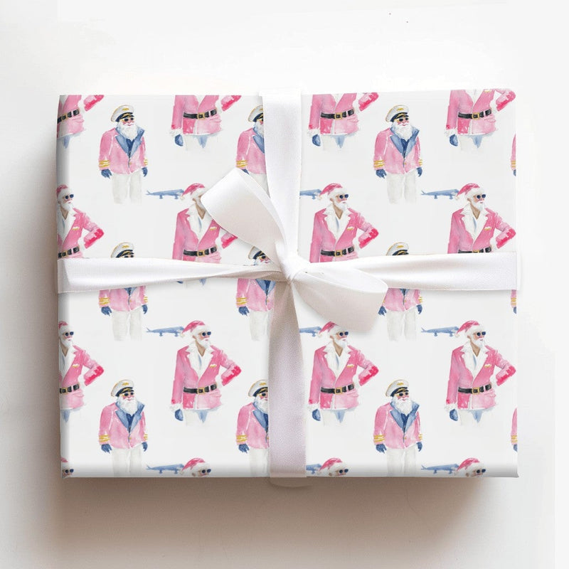 Pink Santa Claus Gift Wrap, Pilot Santa Wrapping Paper, Aviation Travel Christmas Paper, Adorable Airplane Gift Wrap, Holiday Wrapping Paper