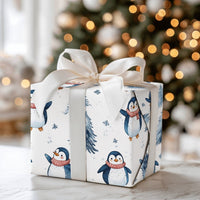 Watercolor Pine Tree Gift Wrap, Adorable Penguin Christmas Wrapping Paper, Winter Penguin Holiday Wrapping Paper, Festive Kids Gift Wrap Roll