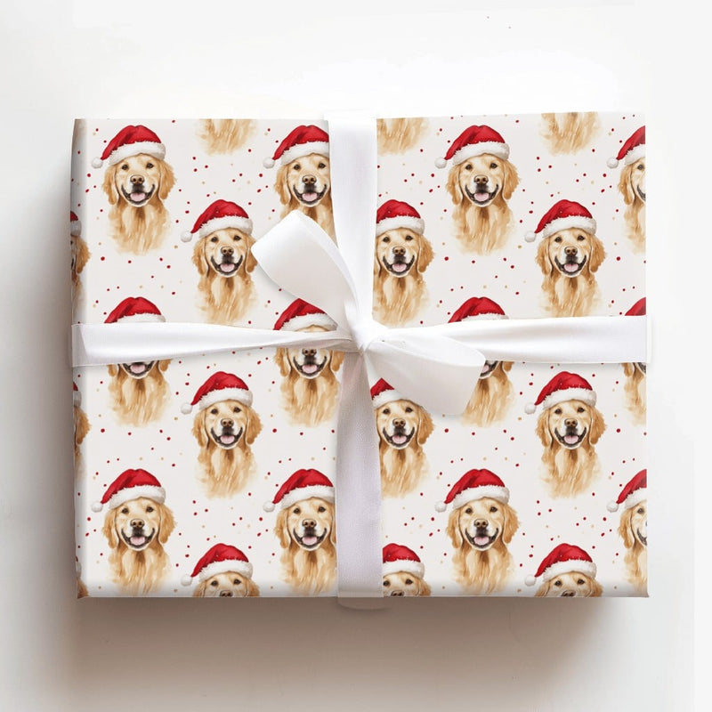 Christmas Dog Gift Wrap, Santa Hat Golden Retriever Wrapping Paper, Holiday Puppy Confetti Present Wrap, Xmas Dog Lover Wrapping Paper