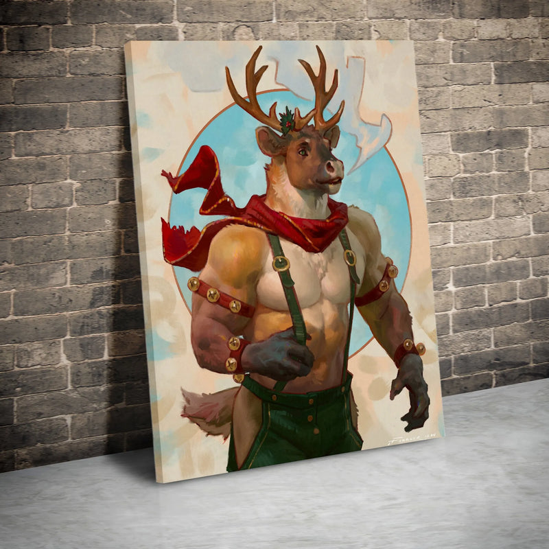 Muscular Christmas Fantasy Canvas Print, Anthropomorphic Reindeer Canvas Wall Art, Unique Holiday Art Print, Winter Season Wall Decor Present