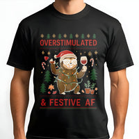 Humorous Christmas Wine Shirt, Overstimulated & Festive AF Sloth T-Shirt, Sarcastic Holiday Graphic Tee, Festive Sloth Christmas Tee
