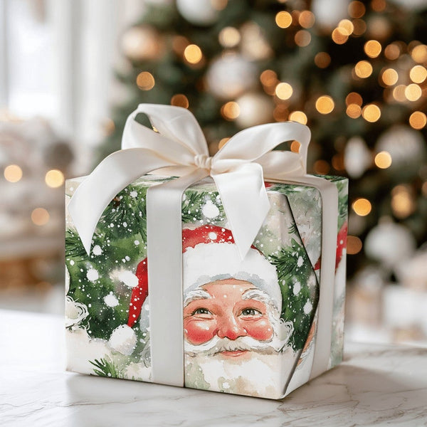 Vintage Christmas Gift Wrap, Watercolor Santa Claus Wrapping Paper, Snowy Pine Tree Holiday Wrapping Paper, Jolly Santa Wrapp