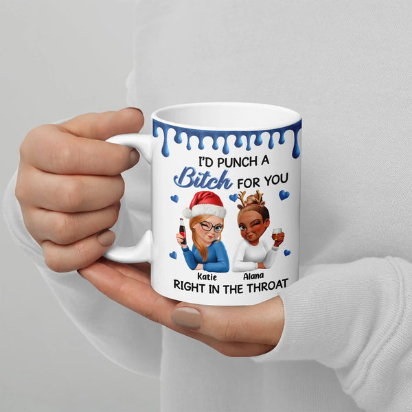 Humorous Cartoon Besties Holiday Ceramic Mug, Punch a Bitch for You Christmas Mug, Custom BFF Coffee Cup, Soul Sister Xmas Pr