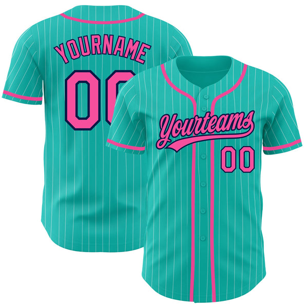 Custom Baseball Jersey - Aqua White Pinstripe Pink-Navy Authentic