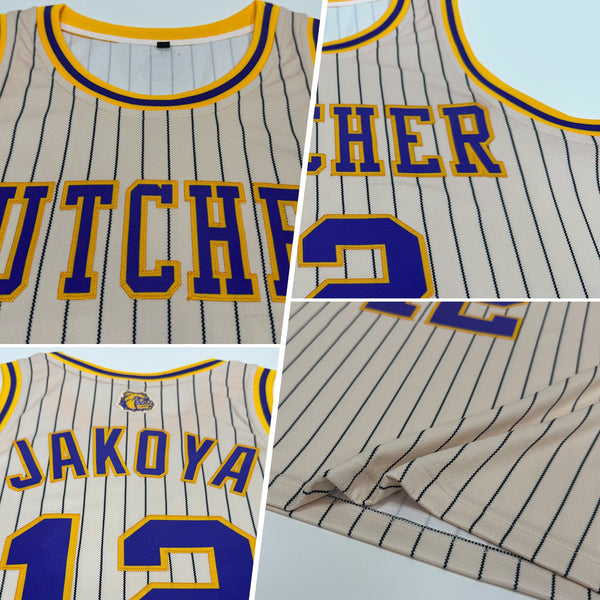 Custom Basketball Jersey - Cream Black Pinstripe Purple-Gold Authentic