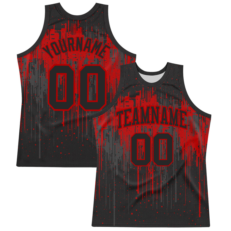 Custom Basketball Jersey - Black Red Dripping Splatter Art Round Neck Sublimation Set