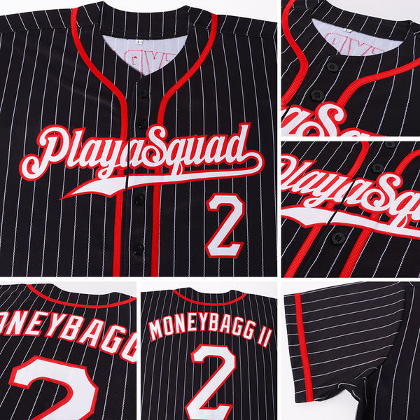 Custom Baseball Jersey - Black White Pinstripe White-Red Authentic