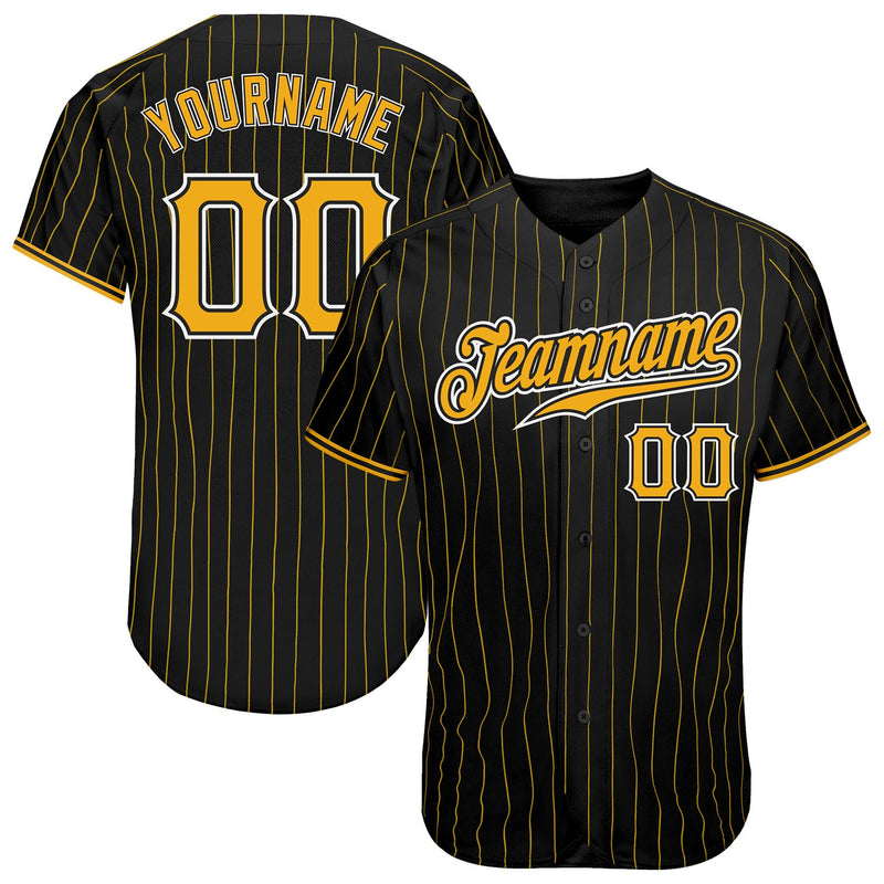 Custom Baseball Jersey - Black Gold Pinstripe Gold-White Authentic
