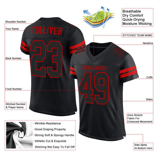 Custom Football Jersey - Black Black-Red Mesh Authentic
