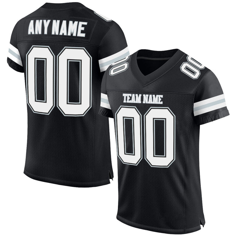 Custom Football Jersey - Black White-Silver Mesh Authentic