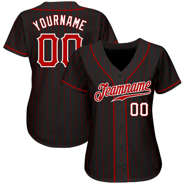 Custom Baseball Jersey - Black Red Pinstripe Red-White Authentic