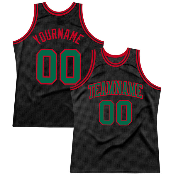Custom Basketball Jersey - Black Kelly Green-Red Authentic Throwback