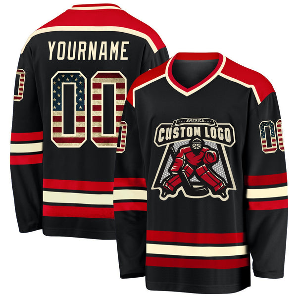 Custom Hockey Jersey - Black Vintage USA Flag Cream-Red