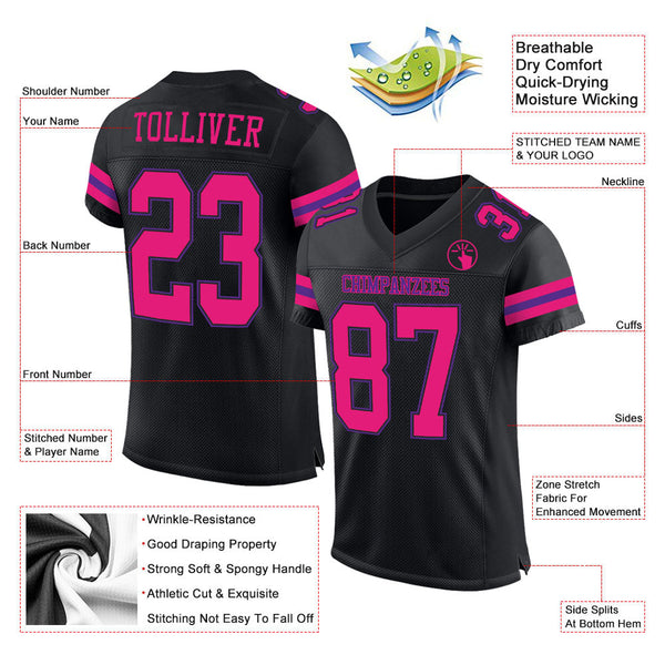 Custom Football Jersey - Black Hot Pink-Purple Mesh Authentic