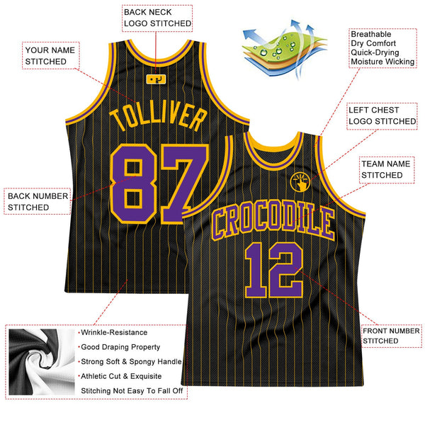 Custom Basketball Jersey - Black Gold Pinstripe Purple-Gold Authentic