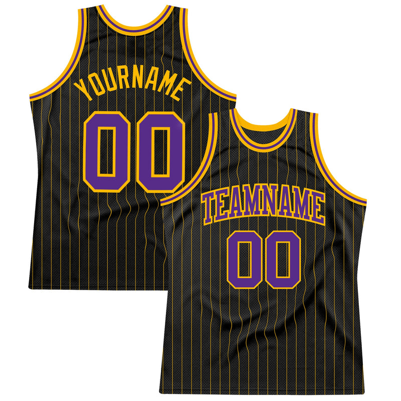 Custom Basketball Jersey - Black Gold Pinstripe Purple-Gold Authentic