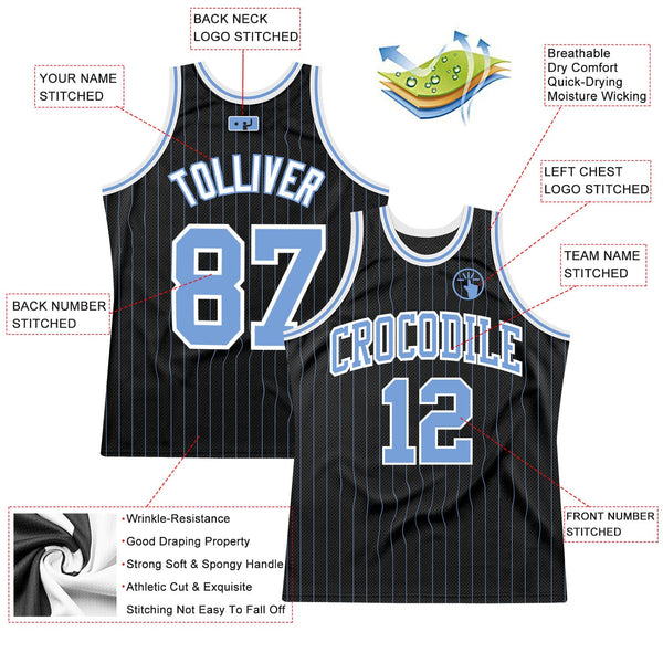 Custom Basketball Jersey - Black Light Blue Pinstripe Light Blue-White Authentic