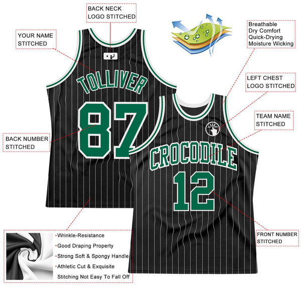Custom Basketball Jersey - Black White Pinstripe Kelly Green-White Authentic