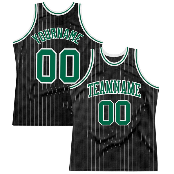 Custom Basketball Jersey - Black White Pinstripe Kelly Green-White Authentic
