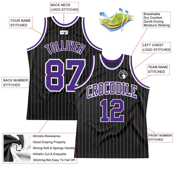 Custom Basketball Jersey - Black White Pinstripe Purple-White Authentic