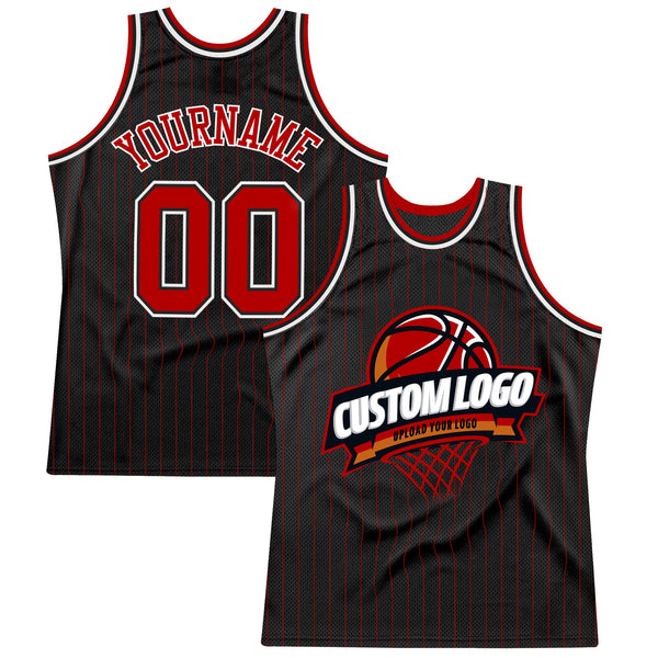 Custom Basketball Jersey - Black Red Pinstripe White Authentic