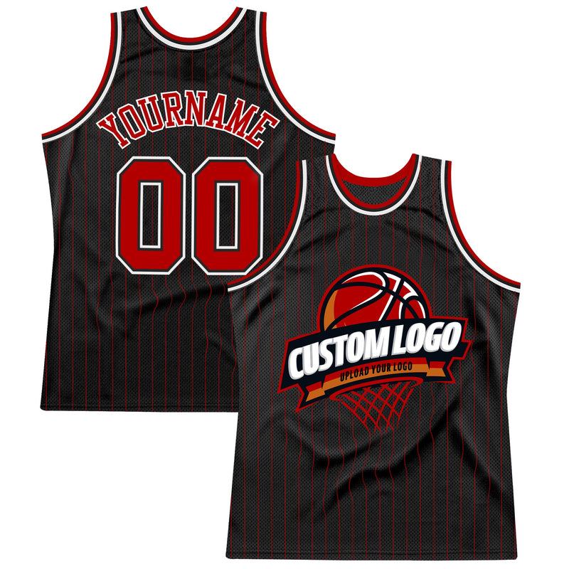 Custom Basketball Jersey - Black Red Pinstripe White Authentic