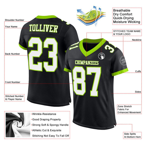 Custom Football Jersey - Black White-Neon Green Mesh Authentic