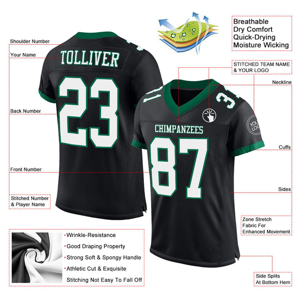 Custom Football Jersey - Black White-Kelly Green Mesh Authentic