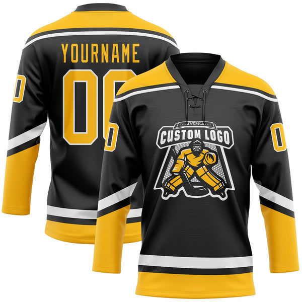 Custom Hockey Jersey - Black Gold-White Lace Neck