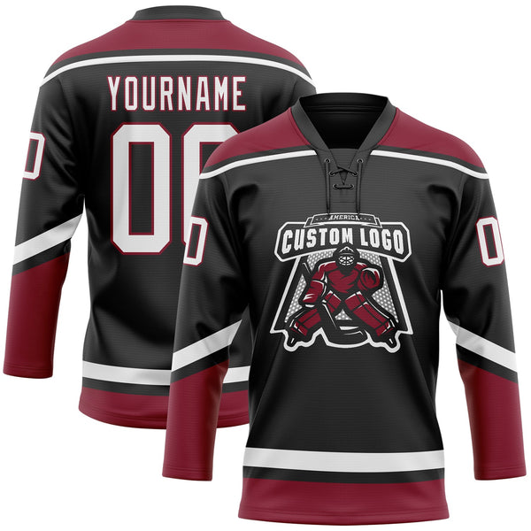 Custom Hockey Jersey - Black White-Crimson Lace Neck