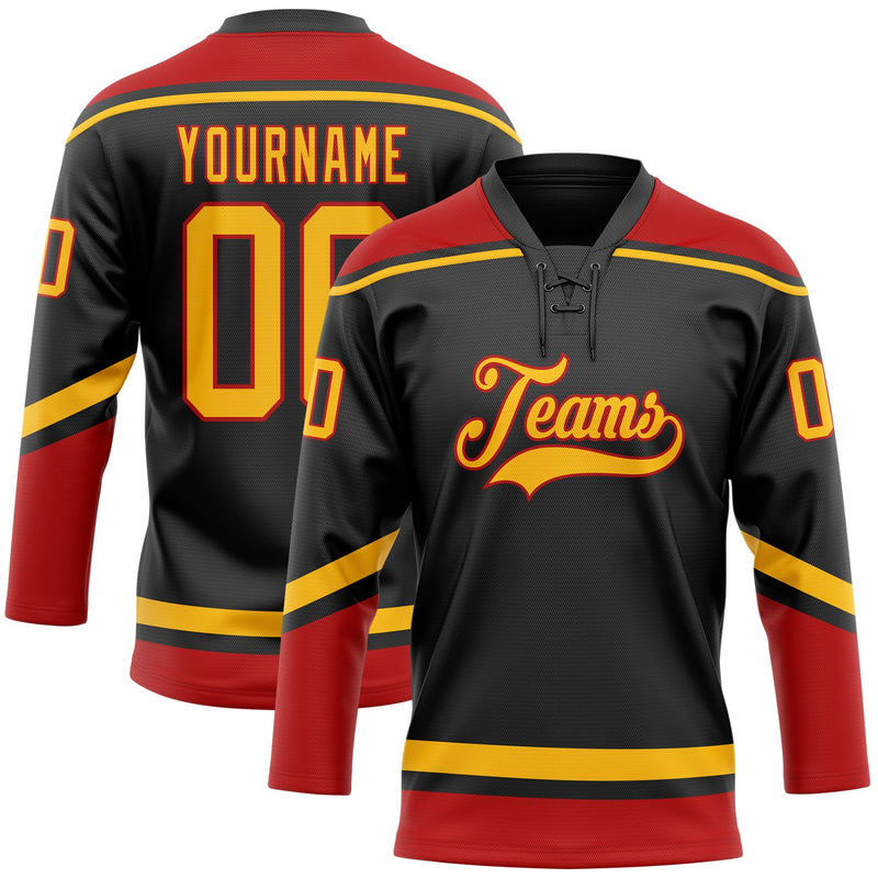 Custom Hockey Jersey - Black Gold-Red Lace Neck