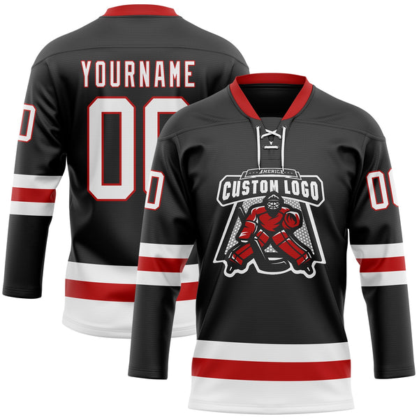 Custom Hockey Jersey - Black White-Red Lace Neck