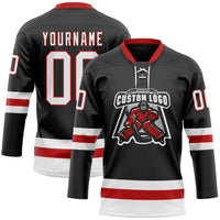 Custom Hockey Jersey - Black White-Red Lace Neck