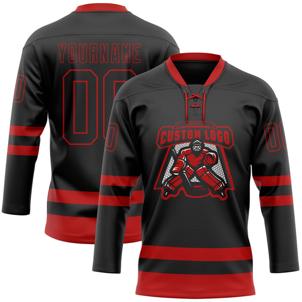 Custom Hockey Jersey - Black Red Lace Neck