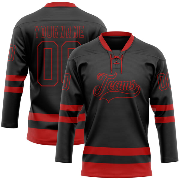 Custom Hockey Jersey - Black Red Lace Neck