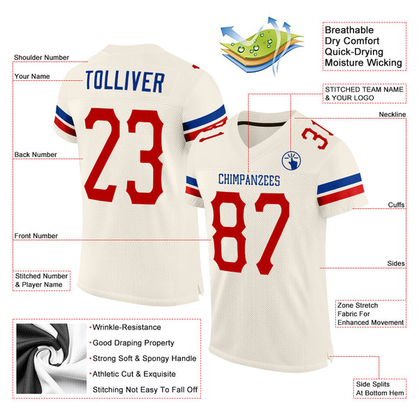 Custom Football Jersey - Cream Red-Royal Mesh Authentic