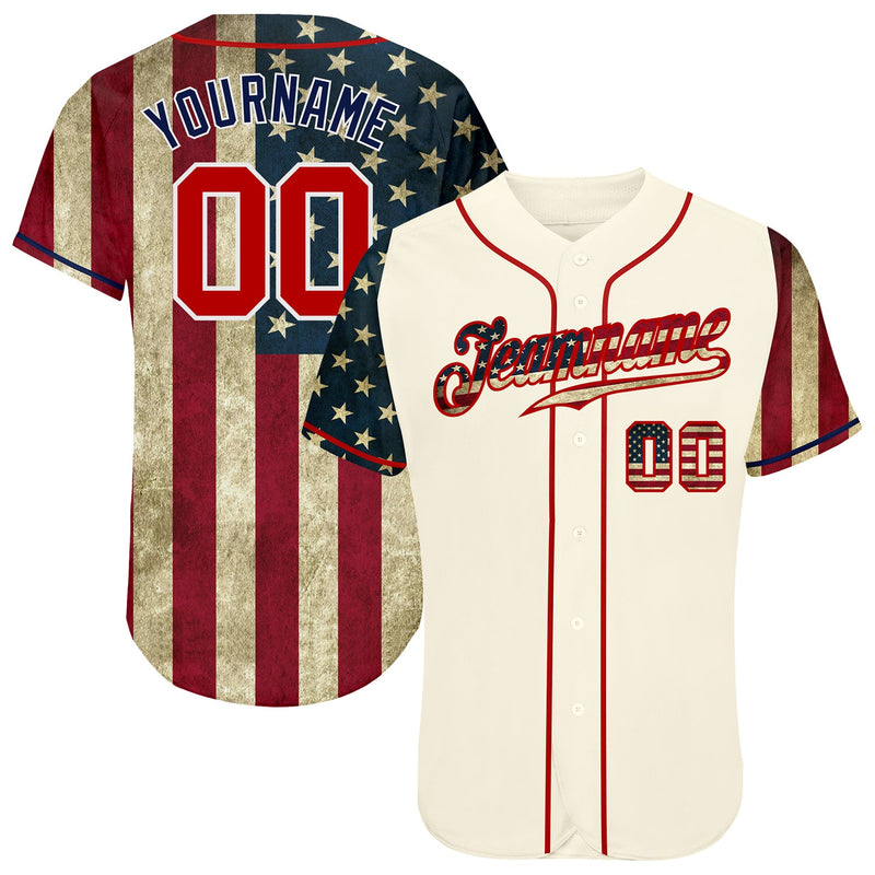 Custom Baseball Jersey - Cream Red-Navy 3D American Flag Authentic