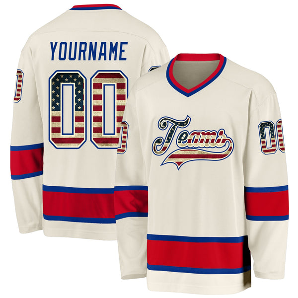 Custom Hockey Jersey - Cream Vintage USA Flag Royal-Red