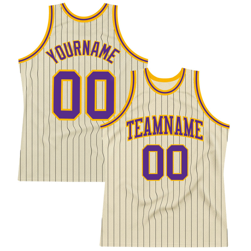 Custom Basketball Jersey - Cream Black Pinstripe Purple-Gold Authentic