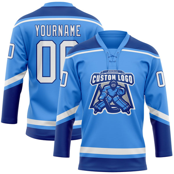 Custom Hockey Jersey - Powder Blue White-Royal Lace Neck